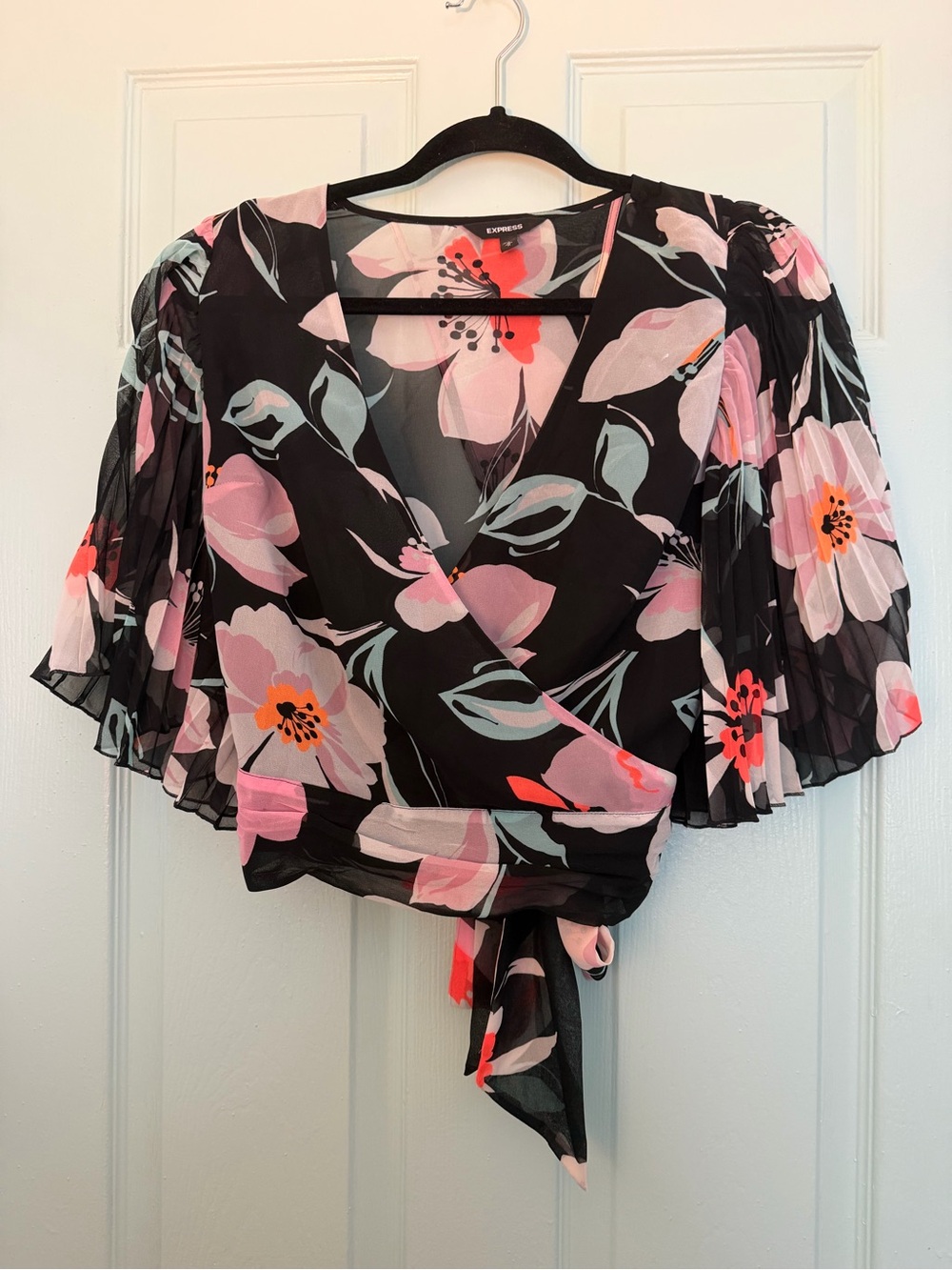 Express Black Floral Wrap Blouse with Pink and Coral Blooms